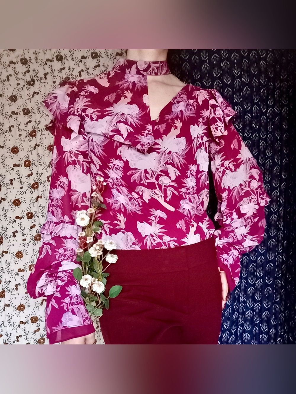 Three Floor β Florry Georgette Asymmetrical Ruffle Choker Blouse Floral 2 - Picture 7 of 17